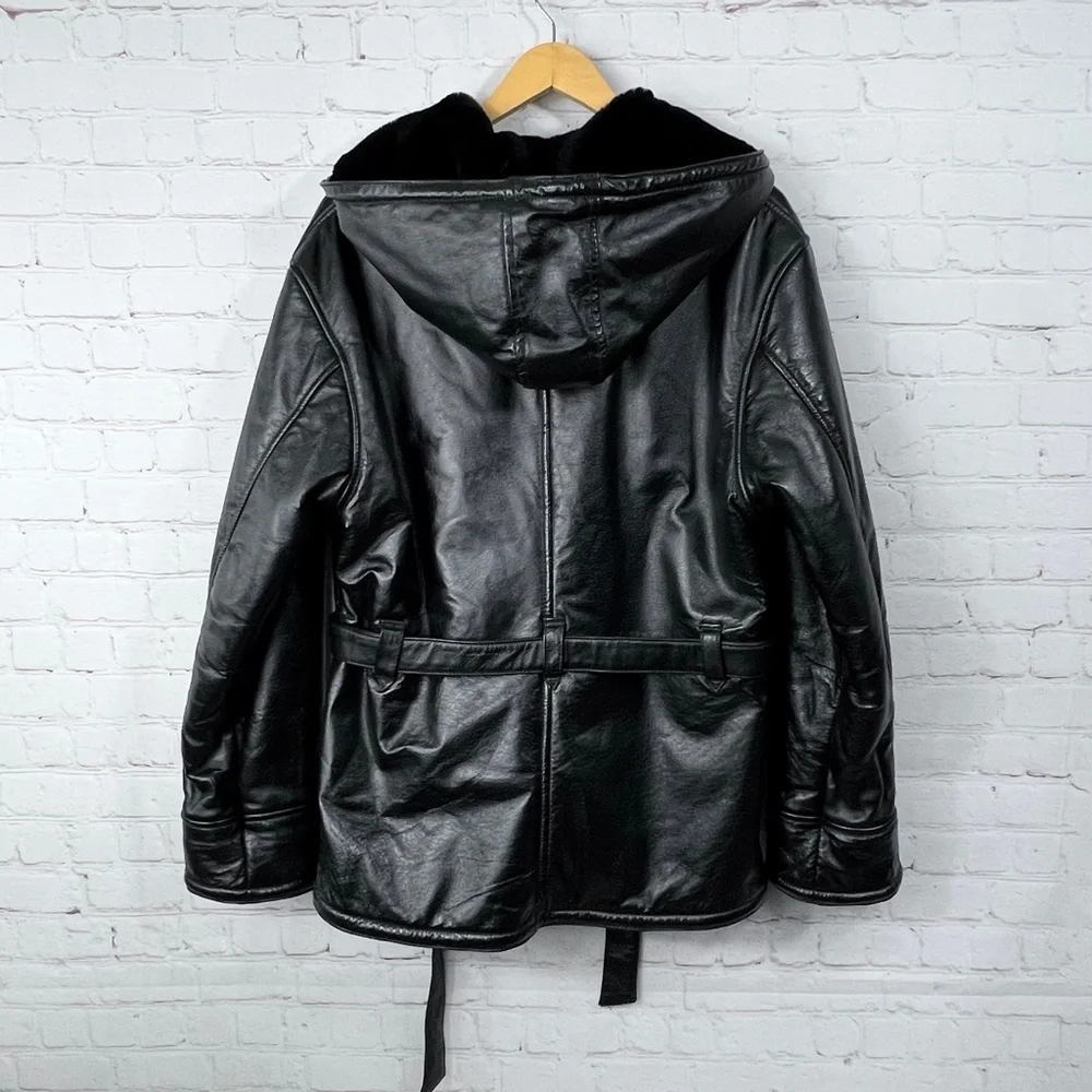 WOMENS! NWOT |•WILSONS LEATHER•| Black Leather Heavy Fur Lined Hooded Jacket - Picture 3 of 16